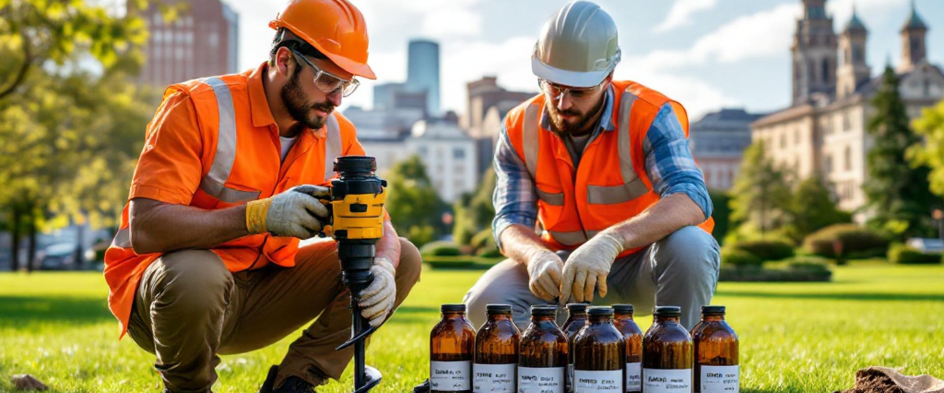 Image représentant des techniciens pendant un prélèvement de sol à la tarière dans un parc urbain. 